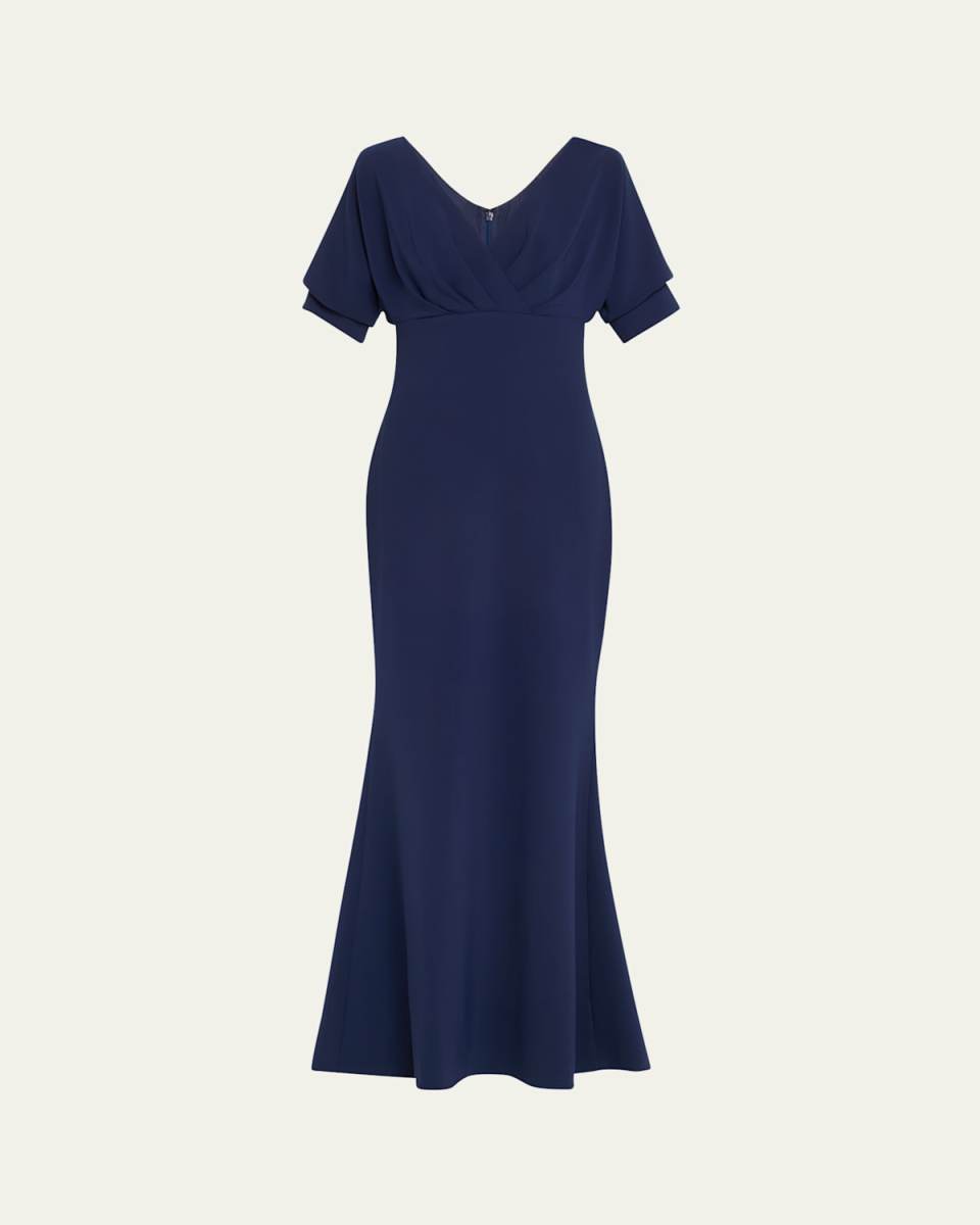 Pleated Dolman-Sleeve Mermaid Gown